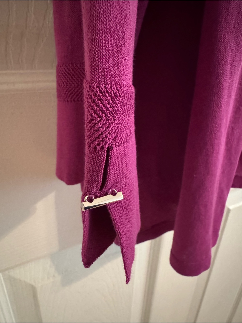 Chico’s (Size 3) open cardigan in magenta with a soft-textured knit. - Picture 5 of 8